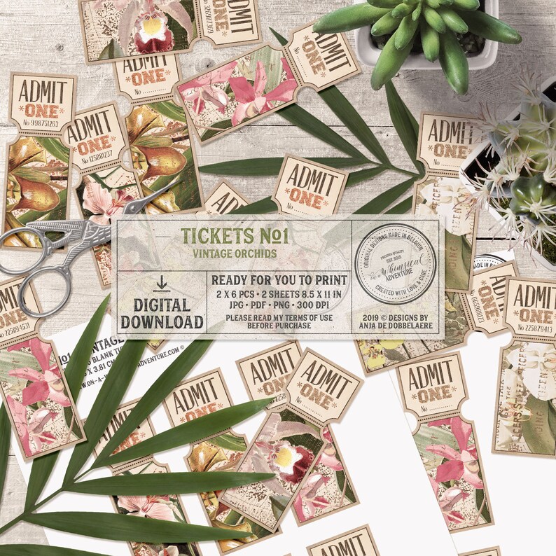 Tropical Party Idea, Wedding Invitation, Rose Gold and Green, Printable Party Ticket Instant Download, Digital Collage Sheet, Vintage Orchid image 9