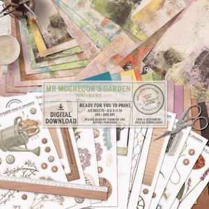 Op de afbeelding: Een printbare digitale downloadkit voor scrapbooking en knutselen met een fantasierijk tuinthema. De kit bevat 43 vellen digitaal papier van 8,5 x 11 inch, met een verscheidenheid aan texturen, patronen en illustraties. De kit bevat ook een verscheidenheid aan digitale elementen, zoals bloemen, vogels en tuingereedschap. De kit is getiteld "Mr. McGregor's Garden Printable Kit".