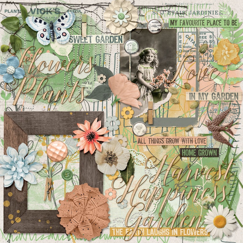 May include: A digital collage featuring a vintage photo of a girl holding flowers, surrounded by floral elements, text, and a wooden frame. The text includes "Sweet Garden", "Love in My Garden", "All Things Grow With Love", "Home Grown", "Harvest Happiness Garden", and "The Earth Laughs in Flowers".