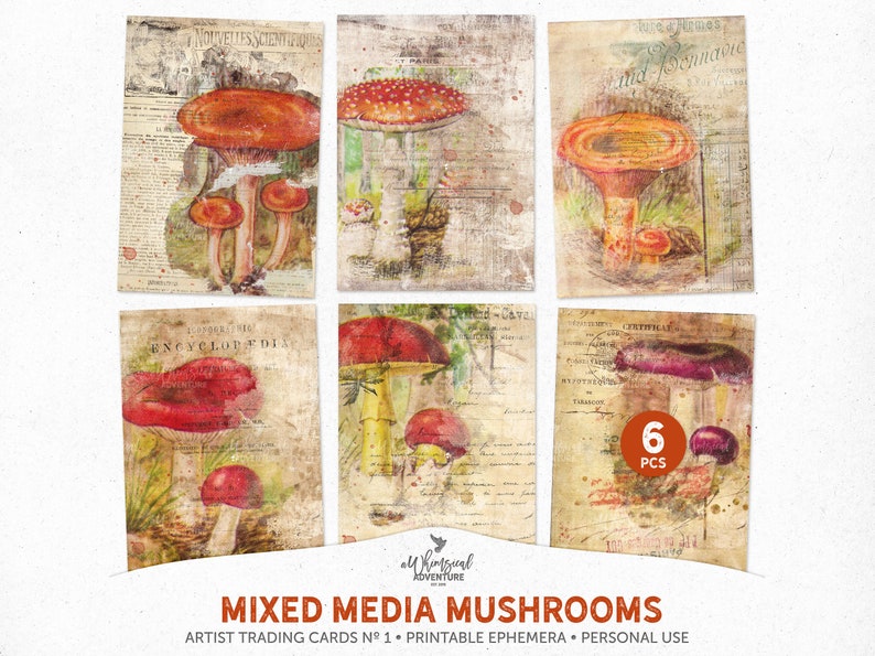 Woodland Mushrooms, ATC Printable, Junk Journal, Vintage Fungi, Botanical Print, Instant Download image 1