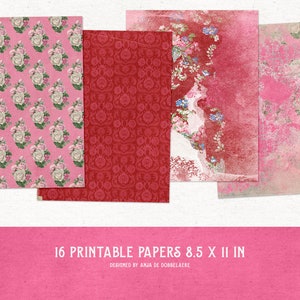 K&ouml;nnte beinhalten: Set mit 16 druckbaren digitalen Papieren mit floralen Mustern in Rosa- und Rott&ouml;nen. Die Papiere sind 8,5 x 11 Zoll gro&szlig; und von Anja de Dobbelaere entworfen.