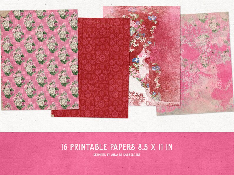 K&ouml;nnte beinhalten: Set mit 16 druckbaren digitalen Papieren mit floralen Mustern in Rosa- und Rott&ouml;nen. Die Papiere sind 8,5 x 11 Zoll gro&szlig; und von Anja de Dobbelaere entworfen.