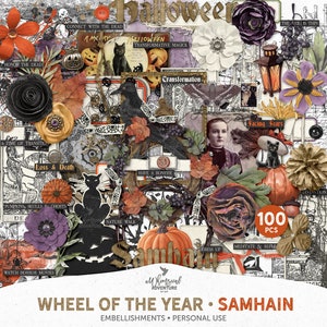 Halloween Mixed Media Clip Art PNG, Wheel Of The Year Samhain Festival Digital Download Graphics, Book Of Shadows Journal