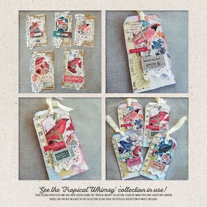 K&ouml;nnte beinhalten: Eine Sammlung von ver&auml;nderten B&uuml;roklammern und Etiketten mit tropischem Vogel-Motiv. Die Etiketten sind mit Spitze, Papierblumen und Vintage-Typografie verziert. Der Text auf den Etiketten lautet "Love", "Glow", "Home", "Admit One" und "Monarch Butterfly Admission 5".