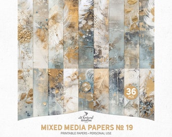 Printable Boho Gold Paint And Feather Mixed Media Christmas Scrapbook Paper, Digital Download Grunge Backgrounds For Art And Junk Journal