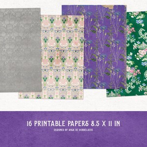 K&ouml;nnte beinhalten: Set mit 16 druckbaren digitalen Papieren in verschiedenen Mustern. Die Papiere zeigen florale Designs in den Farben Rosa, Gr&uuml;n, Lila und Grau. Die Papiere sind 8,5 x 11 Zoll gro&szlig;.