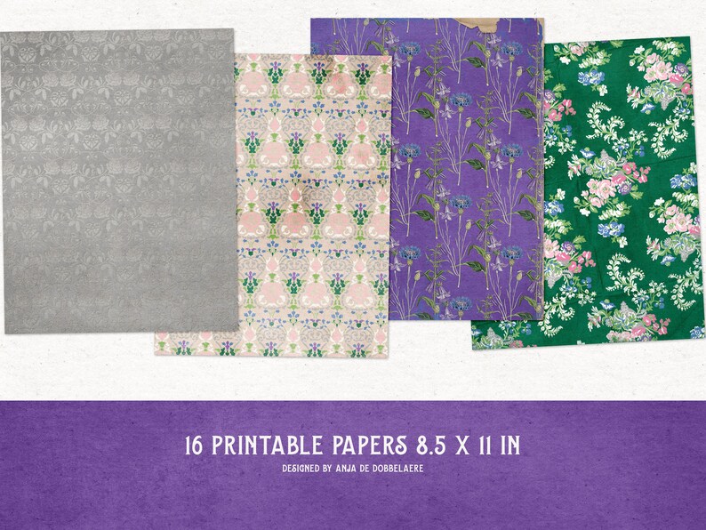 K&ouml;nnte beinhalten: Set mit 16 druckbaren digitalen Papieren in verschiedenen Mustern. Die Papiere zeigen florale Designs in den Farben Rosa, Gr&uuml;n, Lila und Grau. Die Papiere sind 8,5 x 11 Zoll gro&szlig;.