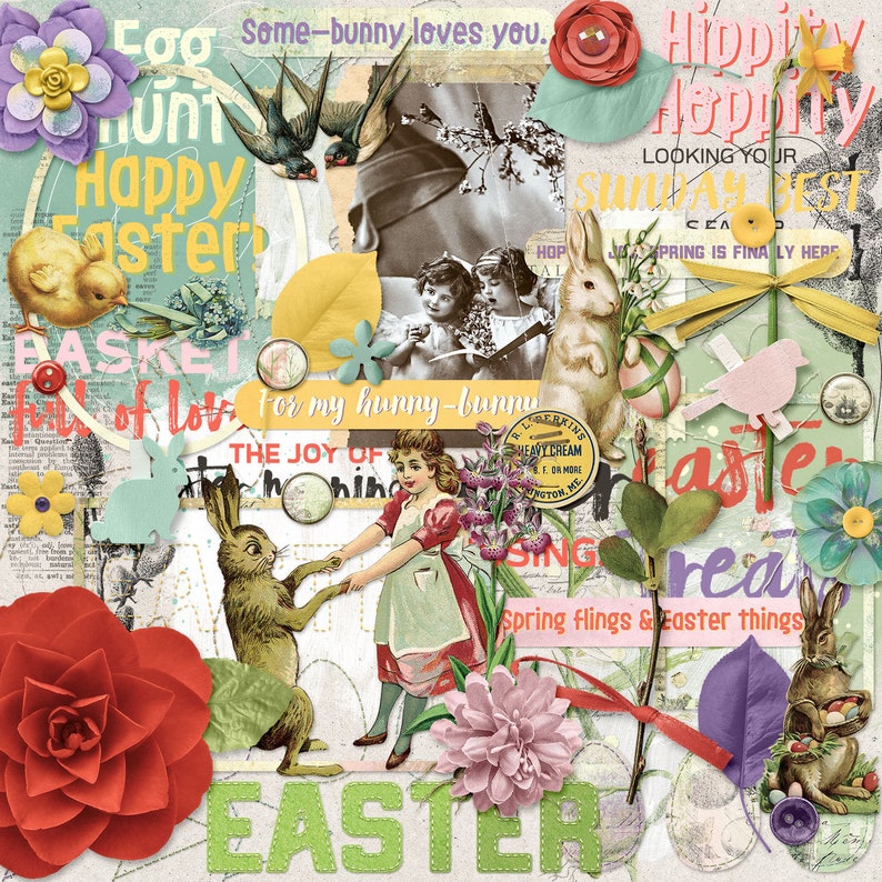 Happy Easter, Egg Hunt, Instant Download, Digital Scrapbooking Embellishments, For Spring, Vintage Easter Ephemera, Bunnies and Flowers image 2