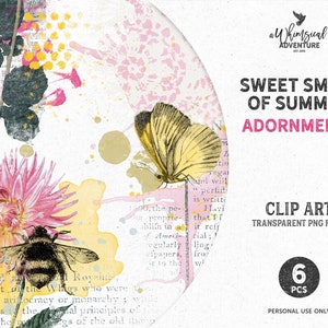 Flower Clip Art, Watercolor Paint, Pink And Yellow, Summer Clip Art, Transparant Overlays, Vintage Style, Bumblebee, Instant Download