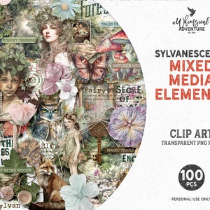 Sylvanescence grillig betoverd bos plakboek clipart png, digitale download forestcore mixed media fantasie en aquarel kunst