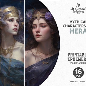 Hera griechische Mythologie Celestial Printable Junk Journal Ephemera Pack, digitaler Download 5 x 7 Karten und ATC Collage Sheets