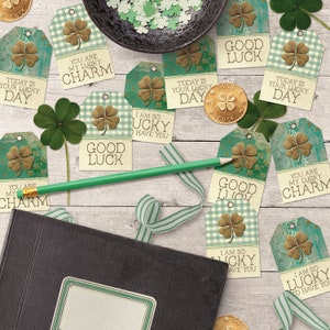 A Stroke Of Luck St. Patrick's Printable Four Leaf Clover Gift Tags, Digital Download Irish Green Junk Journal Ephemera Pack image 2