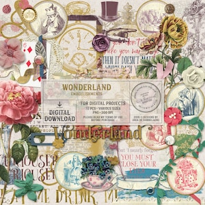 Alice im Wunderland Digital Scrapbook Tea Party Ephemera Pack, verrückter Hutmacher und weißes Kaninchen digitaler Download Shabby Chic-Elemente