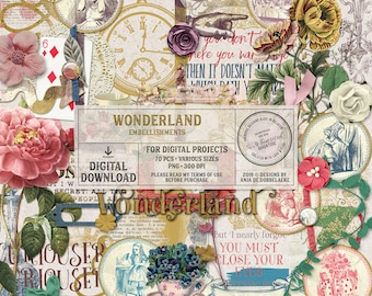 Alice In Wonderland Digital Scrapbook Tea Party Ephemera Pack, Mad Hatter And White Rabbit Digital Download Shabby Chic Elements