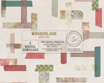 Wonderland Digital Washi Tape, Instant Download, Digital Scrapbooking Embellishments, White Rabbit, Mad Hatter, Alice, Gold Patterned Tape