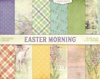 Easter Morning Papers, Farmhouse Easter Scrapbook Paper Pack, Mixed Media Art, Plaid Backgrounds, Damask Patterns, Vintage Spring Florals