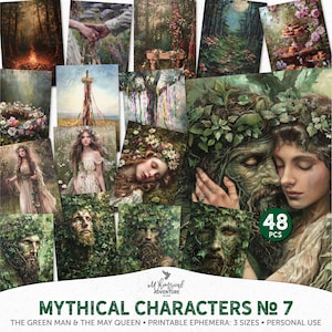 May include: A set of 48 printable ephemera featuring mythical characters, including the Green Man and the May Queen. The images are in a whimsical style and feature a variety of colors and textures.