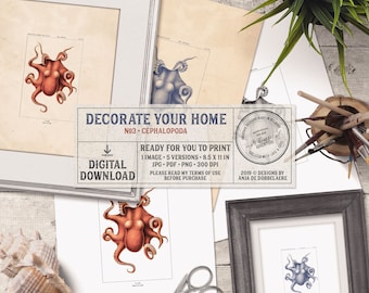 Octopus, Bathroom Wall Art, Instant Download Home Decor, Printable Digital Collage Sheet, Vintage Book Plate, Sea Life, Nautical Print