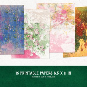 K&ouml;nnte beinhalten: Satz von 16 druckbaren digitalen Papieren in verschiedenen Stilen, darunter florale, Marmor- und abstrakte Designs. Jedes Papier misst 21,6 x 27,9 cm.