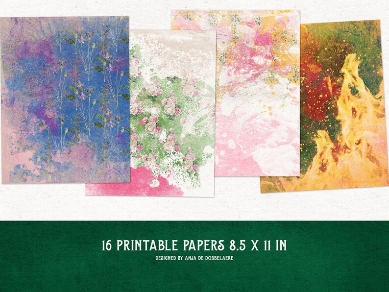 K&ouml;nnte beinhalten: Satz von 16 druckbaren digitalen Papieren in verschiedenen Stilen, darunter florale, Marmor- und abstrakte Designs. Jedes Papier misst 21,6 x 27,9 cm.