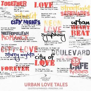 Mots romantiques en téléchargement numérique pour machine à écrire Urban Love Tales, poèmes et phrases pour scrapbooking, oeuvre d'art ou journal indésirable