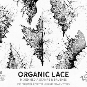 Organic Black Lace Mixed Media Stamps And Photoshop Brushes ABR, Digital Download PNG Clipart Files For Scrapbooking And Journaling