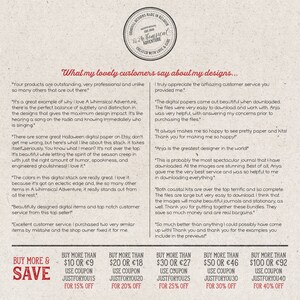 K&ouml;nnte beinhalten: Eine Collage aus Kundenbewertungen zu digitalen Papieren und Journal-Designs. Der Text hebt die Qualit&auml;t, das Design und den Kundenservice des Shops hervor. Das Bild enth&auml;lt auch ein Angebot zum Kauf von mehr und Sparen mit verschiedenen Preispunkten und Prozents&auml;tzen.