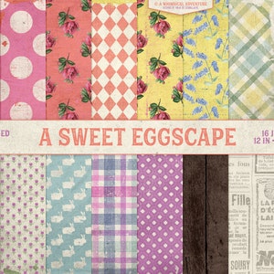 Papier de scrapbooking Pâques rétro minable, fleurs printanières pastel vintage, impression tulipe mignonne, papier numérique écossais et lapin, téléchargement numérique