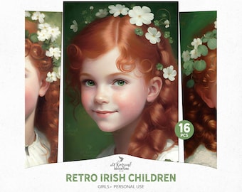 Retro 1950s Irish Girls Printable 5x7 Portrait Oil Paintings, Digital Download St Patricks Day Children Junk Journal Ephemera Pack