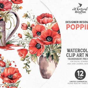 Clipart PNG aquarelle coquelicot pour une utilisation commerciale limitée, couronnes et bouquets de fleurs de coquelicots rouges Cottagecore en téléchargement numérique