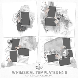 Könnte beinhalten: Vier digitale Scrapbooking-Vorlagen mit grau-weißen Aquarellhintergründen, Schwarzweißillustrationen und grauen Fotorahmen. Der Text "Ihre Geschichte" erscheint auf jeder Vorlage. Der Text "4 PCS" erscheint auf einer Vorlage.