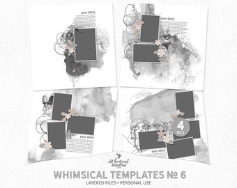 Digital Download Customizable Layered Artistic Scrapbook Layout Templates in PNG, PSD and TIF 12 x 12 Inch Format For Memory Keeping
