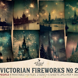 Viktorianische Silvester Feuerwerk digitale Kunst Junk Journal Ephemera Pack, Sofortiger Download 5 x 7 Karten druckbare Collage Sheets
