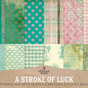 A Stroke Of Luck Digital Paper, Printable Shamrock Scrapbook, Patterned Artsy Paper, Irish Ephemera, Lucky Paper Crafting, DIY Junk Journal image 1