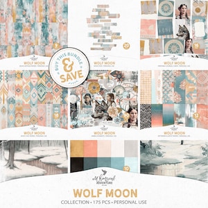 Pacote de desconto de gráficos e papéis para scrapbook Wolf Moon Boho, download digital, pacote de valor de janeiro e ano novo para diário de arte e lixo