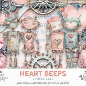 Pode incluir: Ilustração em aquarela com quatro robôs com detalhes em forma de coração. Os robôs são em tons de rosa, azul e cinza, em um fundo de engrenagens e corações. O texto diz "Heart Beeps".