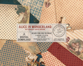Letter Size Paper Pack, Alice In Wonderland, Cheshire Cat, Digital Scrapbooking, Instant Download, Blue Red Pattern Paper, Vintage Alice
