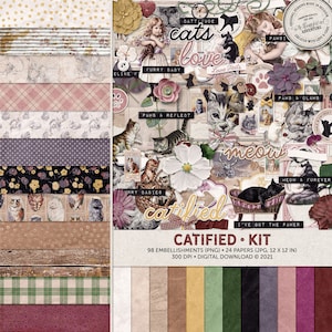 Kit de clip art chat, kit de scrapbooking numérique, ensemble de papiers à motifs, pack d'embellissements chat, paquet de papier numérique, graphiques vintage, éléments numériques