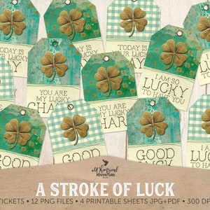 A Stroke Of Luck St. Patrick's Printable Four Leaf Clover Gift Tags, Digital Download Irish Green Junk Journal Ephemera Pack image 1