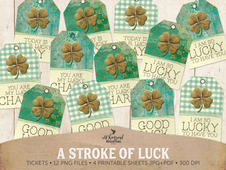 A Stroke Of Luck St. Patrick's Printable Four Leaf Clover Gift Tags, Digital Download Irish Green Junk Journal Ephemera Pack image 1