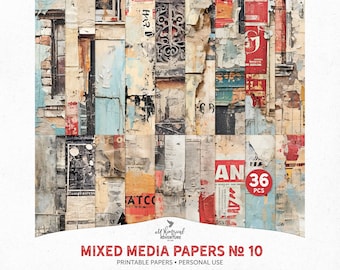 Puede incluir: Un collage digital de 36 papeles imprimibles con un fondo texturizado, en capas y desgastado con varios colores, incluyendo rojo, azul y amarillo. Los papeles están diseñados para proyectos de técnicas mixtas y uso personal. El texto "AN 36 PCS" es visible en la esquina inferior derecha de la imagen.