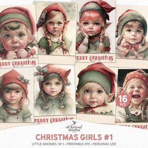 Aquarela Natal Gnomos Imprimíveis Artista Cartões de Troca Pinturas, Download Digital Holiday Gnome Girls Junk Journal Pacote de Coisas Efêmeras