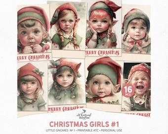 Watercolor Christmas Gnomes Printable Artist Trading Cards Paintings, Digital Download Holiday Gnome Girls Junk Journal Ephemera Pack