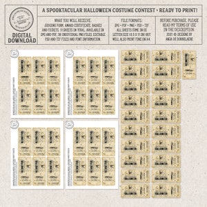 May include: Printable Halloween costume contest tickets with a vintage design. The tickets are beige with black text and a skull graphic. The text reads "Spooktacular Halloween Costume Party Tickets".
