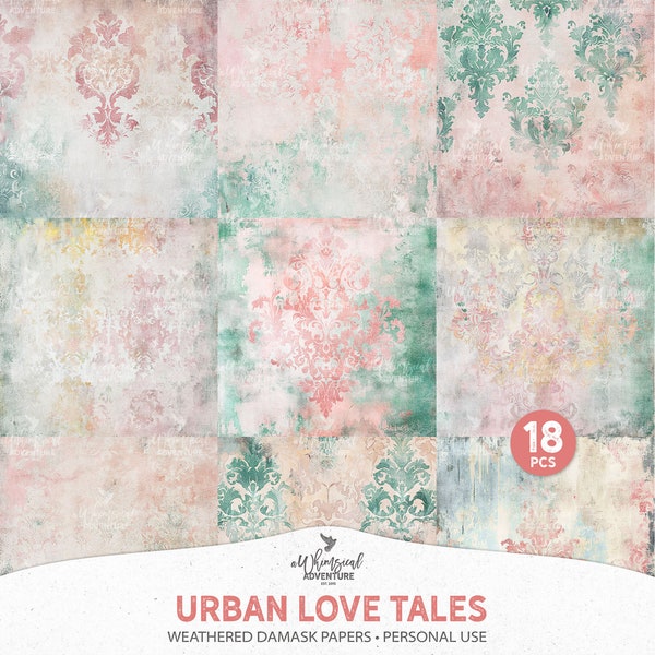 Urban Love Tales Grunge Pastel Watercolor Damask Papers, Digital Download Shabby Chic Romantic Journal And Scrapbook Pages