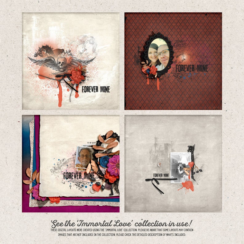 May include: Four digital scrapbook layouts with a grunge aesthetic. Each layout features a couple, a skull, flowers, and the text "Forever Mine".