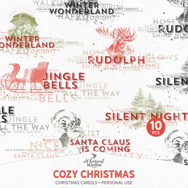 Christmas Carol Word Art Vintage Photoshop Brushes, Digital Download Holiday Song Lyric Art Stamp Overlays