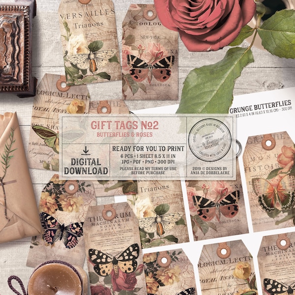Gift Tags, Bohemian Style, Women Butterfly Gift, Digital Collage Sheet, Instant Download, Printable Hang Tags with Leather Reinforcement
