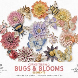 May include: A collection of 20 paper cut-out elements featuring colorful bugs, butterflies, and flowers. The elements include bees, ladybugs, and various blooms in shades of pink, yellow, and blue. Text on the image reads "BUGS & BLOOMS ELEMENTS".