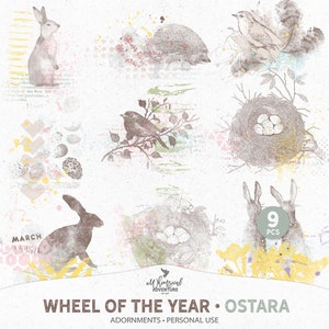 Ostara Scrapbook Accents, Download immediato, Lepri e conigli, Nidi e uova di uccelli, Tecnica mista
